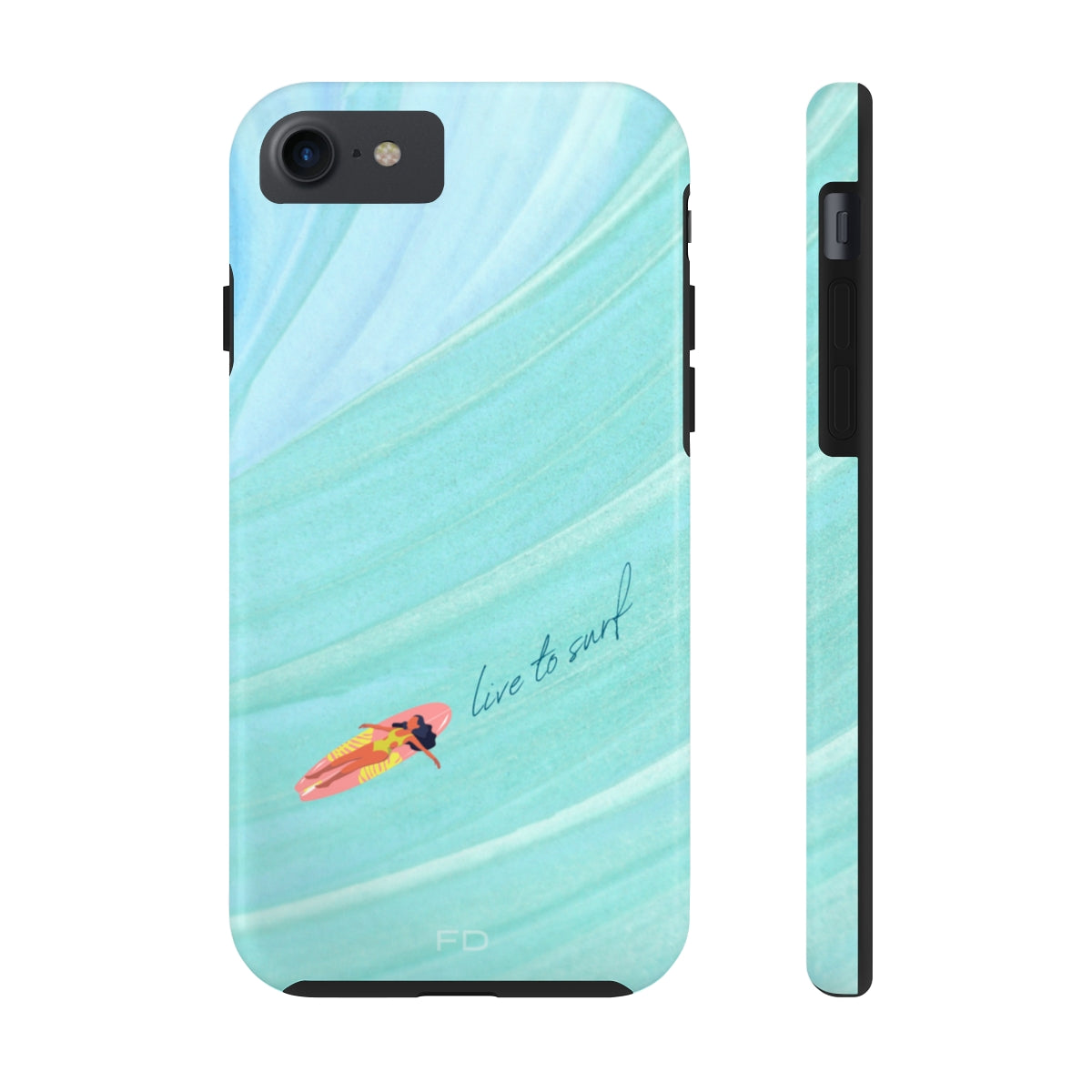 Live to Surf Tough Case for iPhone, featuring a glossy finish and rubber liner for protection, designed for wireless charging.