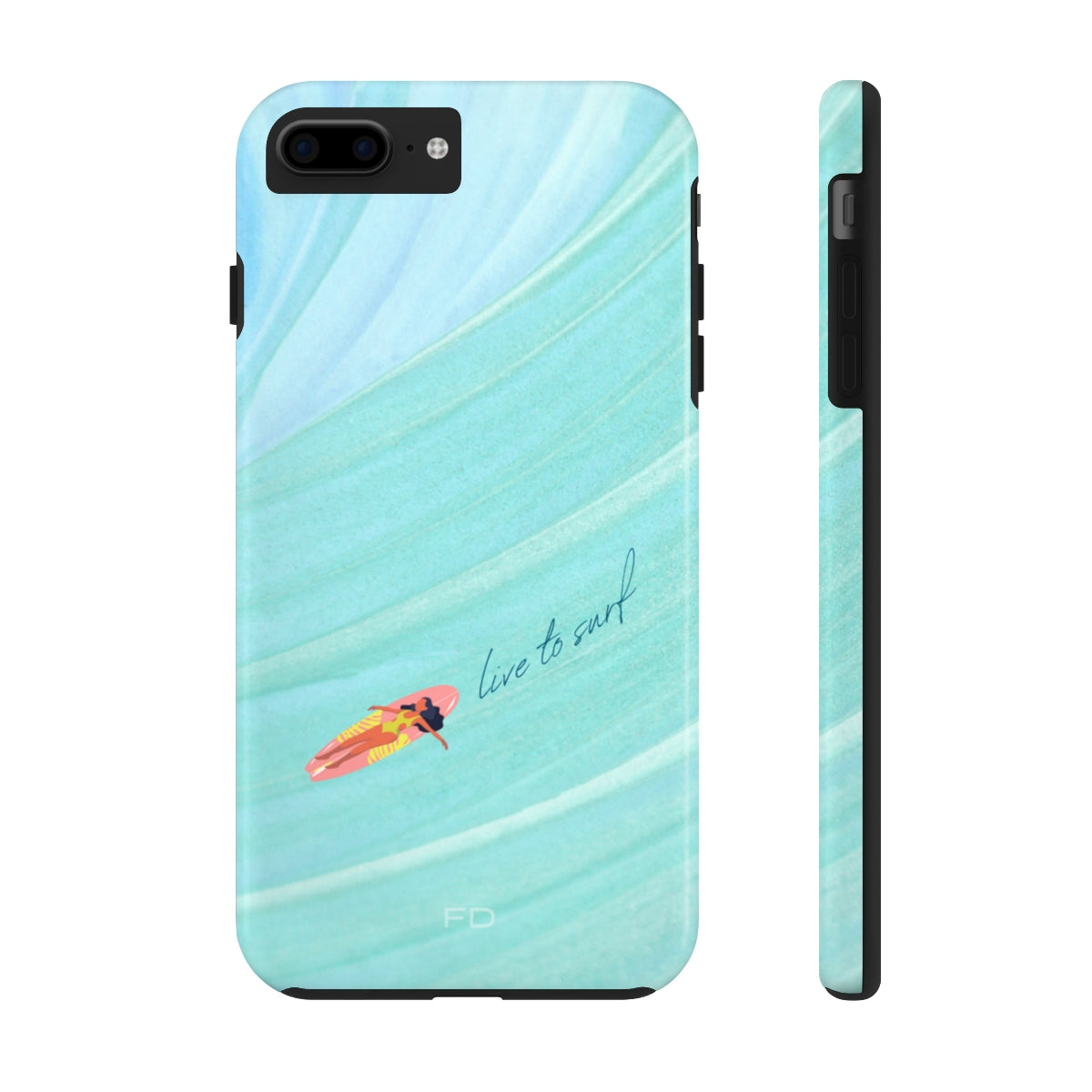 Live to Surf Tough Case for iPhone, featuring a glossy finish and rubber liner for protection, designed for wireless charging.