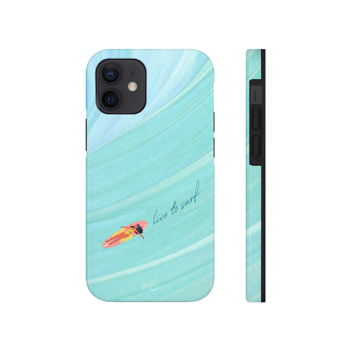 Live to Surf Tough Case for iPhone, featuring a glossy finish and rubber liner for protection, designed for wireless charging.