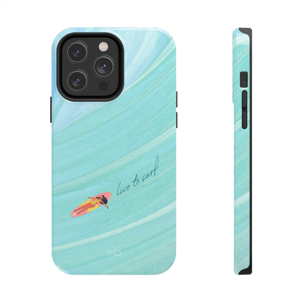 Live to Surf Tough Case for iPhone, featuring a glossy finish and rubber liner for protection, designed for wireless charging.