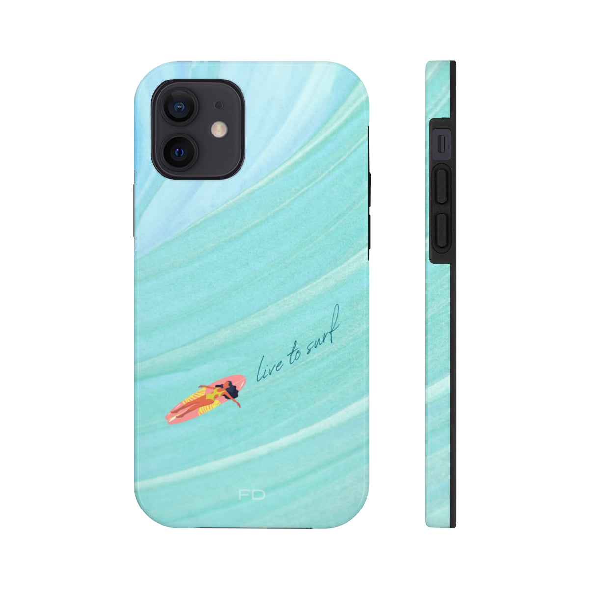 Live to Surf Tough Case for iPhone, featuring a glossy finish and rubber liner for protection, designed for wireless charging.