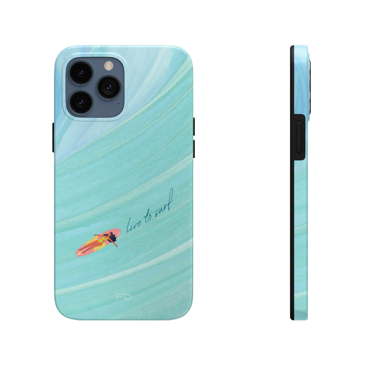 Live to Surf Tough Case for iPhone, featuring a glossy finish and rubber liner for protection, designed for wireless charging.