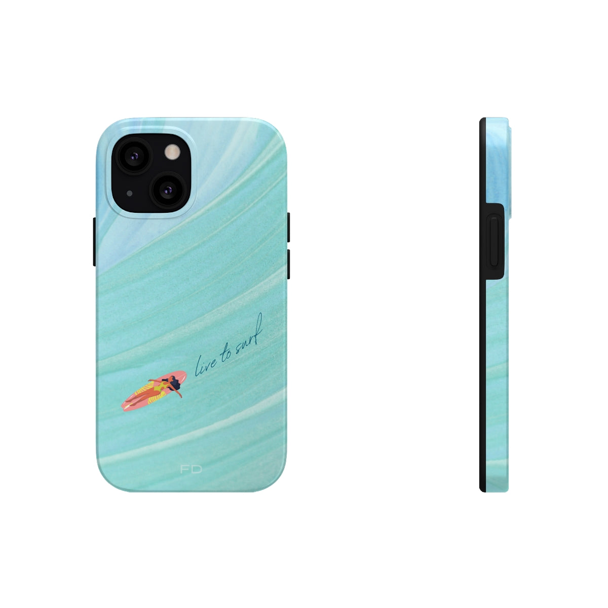Live to Surf Tough Case for iPhone, featuring a glossy finish and rubber liner for protection, designed for wireless charging.