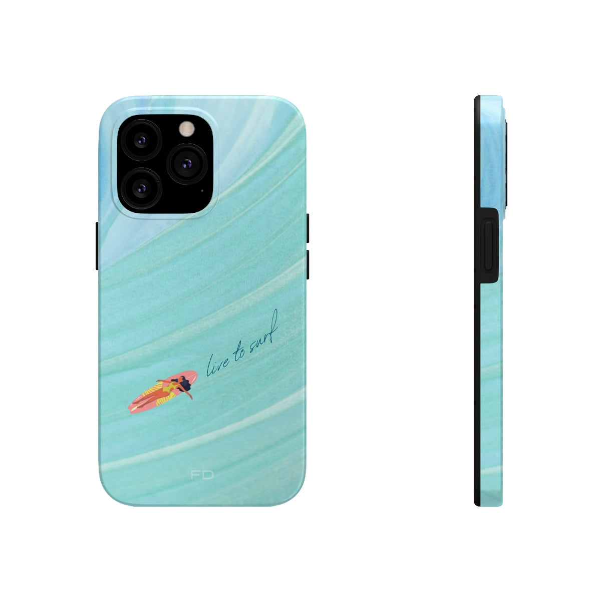 Live to Surf Tough Case for iPhone, featuring a glossy finish and rubber liner for protection, designed for wireless charging.