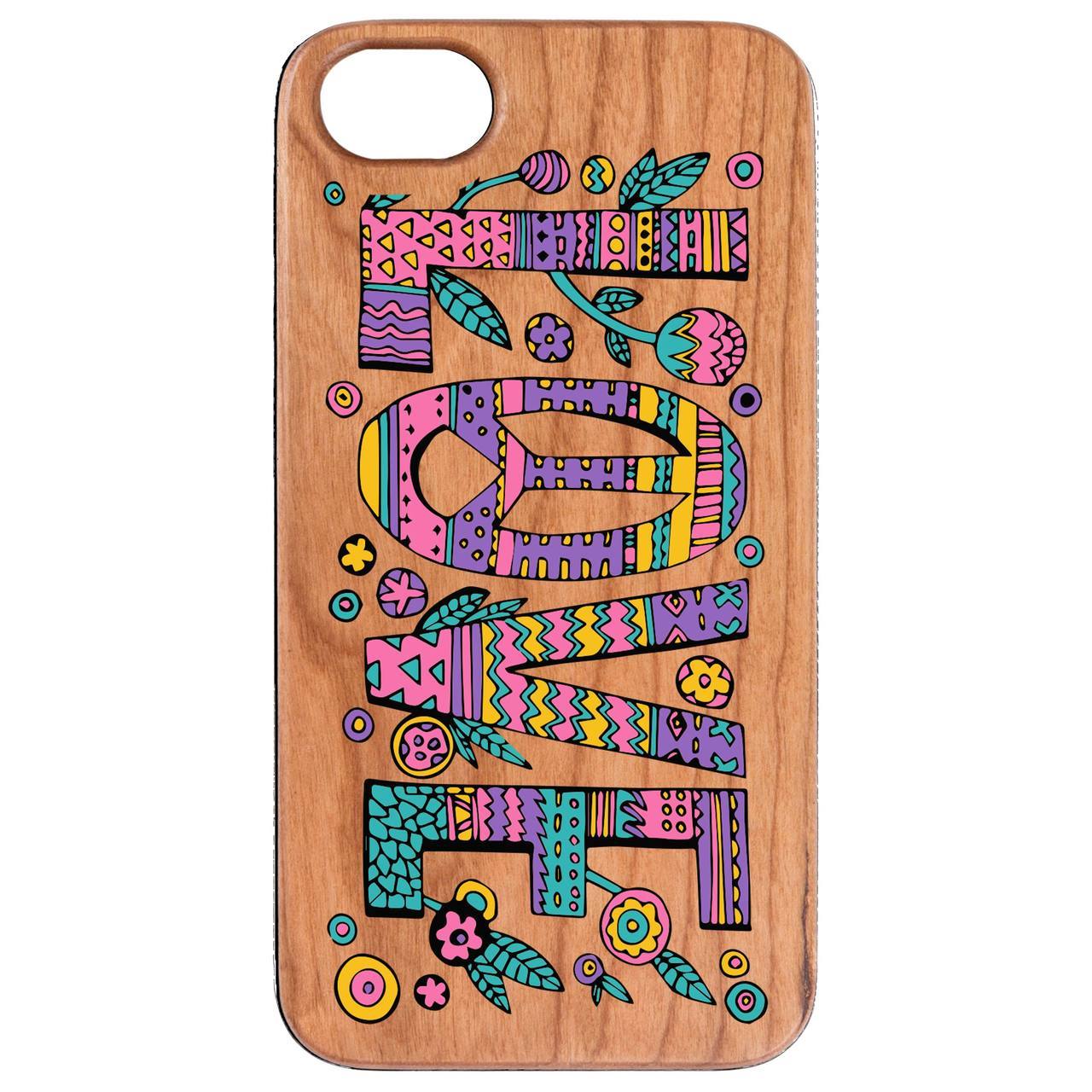 Love 2 - UV Color Printed wooden phone case showcasing vibrant designs and natural wood texture.