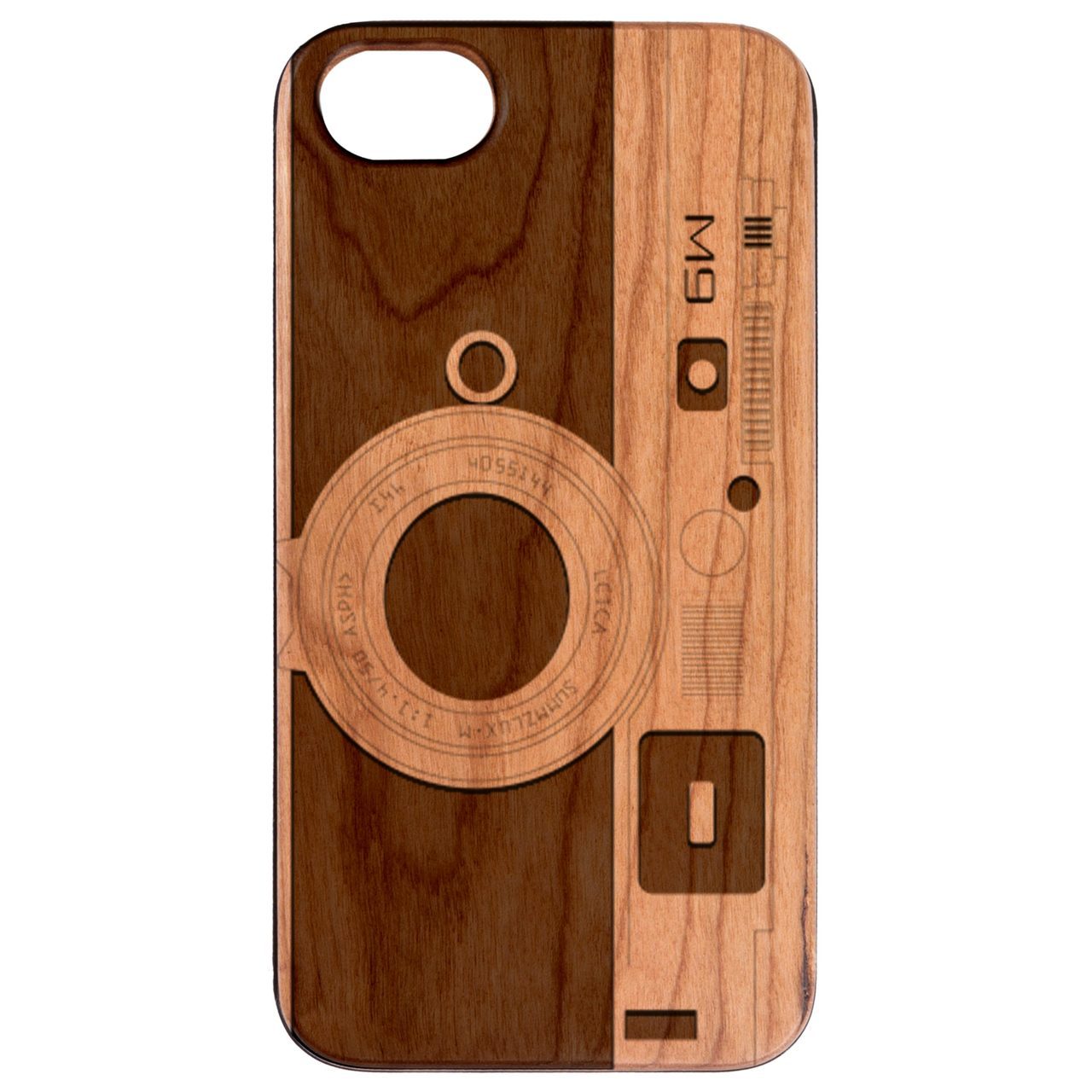 M9 Camera - Engraved wooden phone case showcasing unique laser-engraved design and natural wood finish.