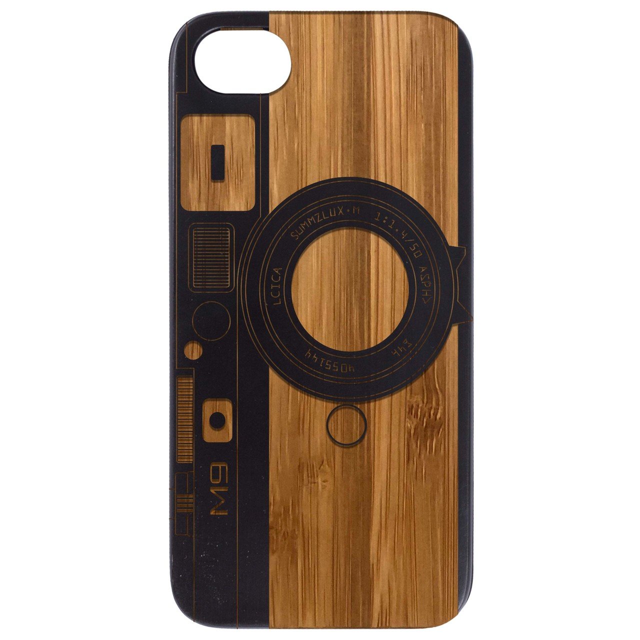 M9 Camera - Engraved wooden phone case showcasing unique laser-engraved design and natural wood finish.