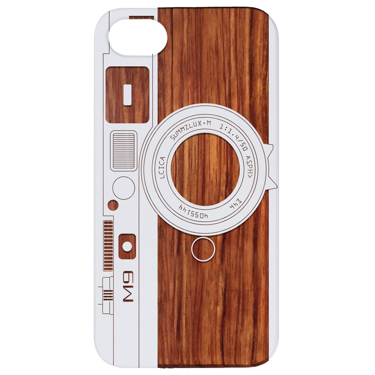 M9 Camera - Engraved wooden phone case showcasing unique laser-engraved design and natural wood finish.