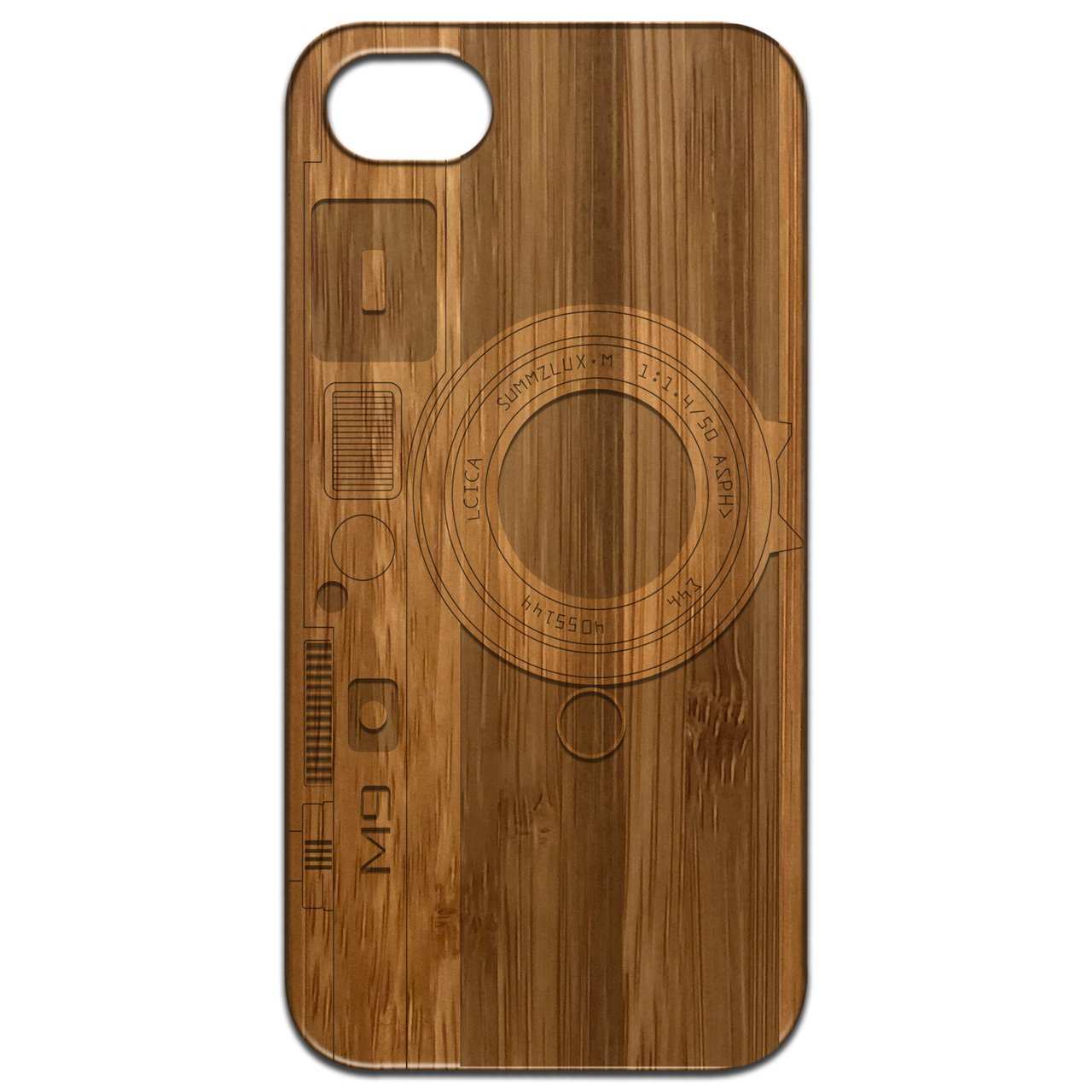 M9 Camera - Engraved wooden phone case showcasing unique laser-engraved design and natural wood finish.