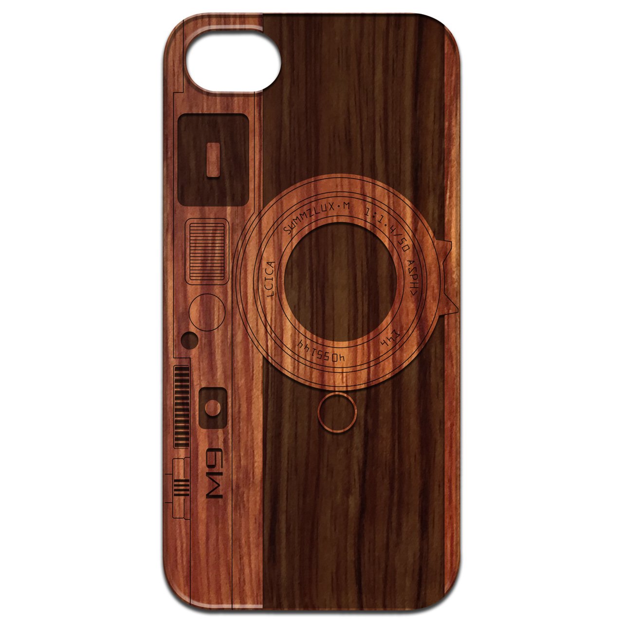 M9 Camera - Engraved wooden phone case showcasing unique laser-engraved design and natural wood finish.