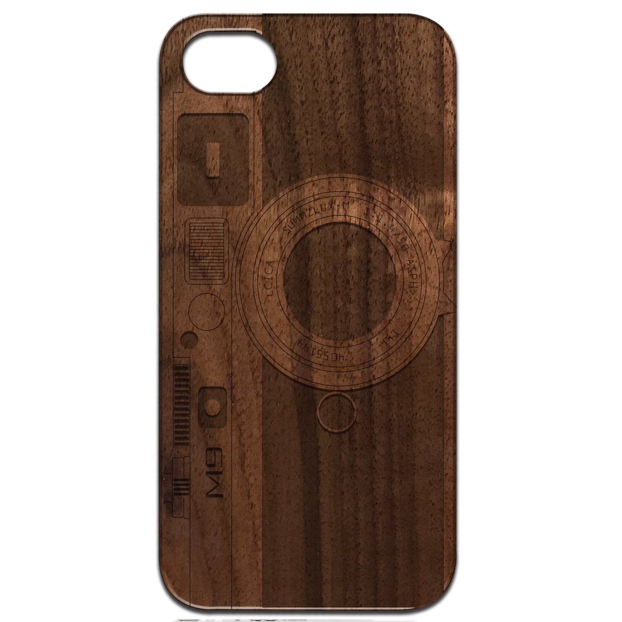 M9 Camera - Engraved wooden phone case showcasing unique laser-engraved design and natural wood finish.
