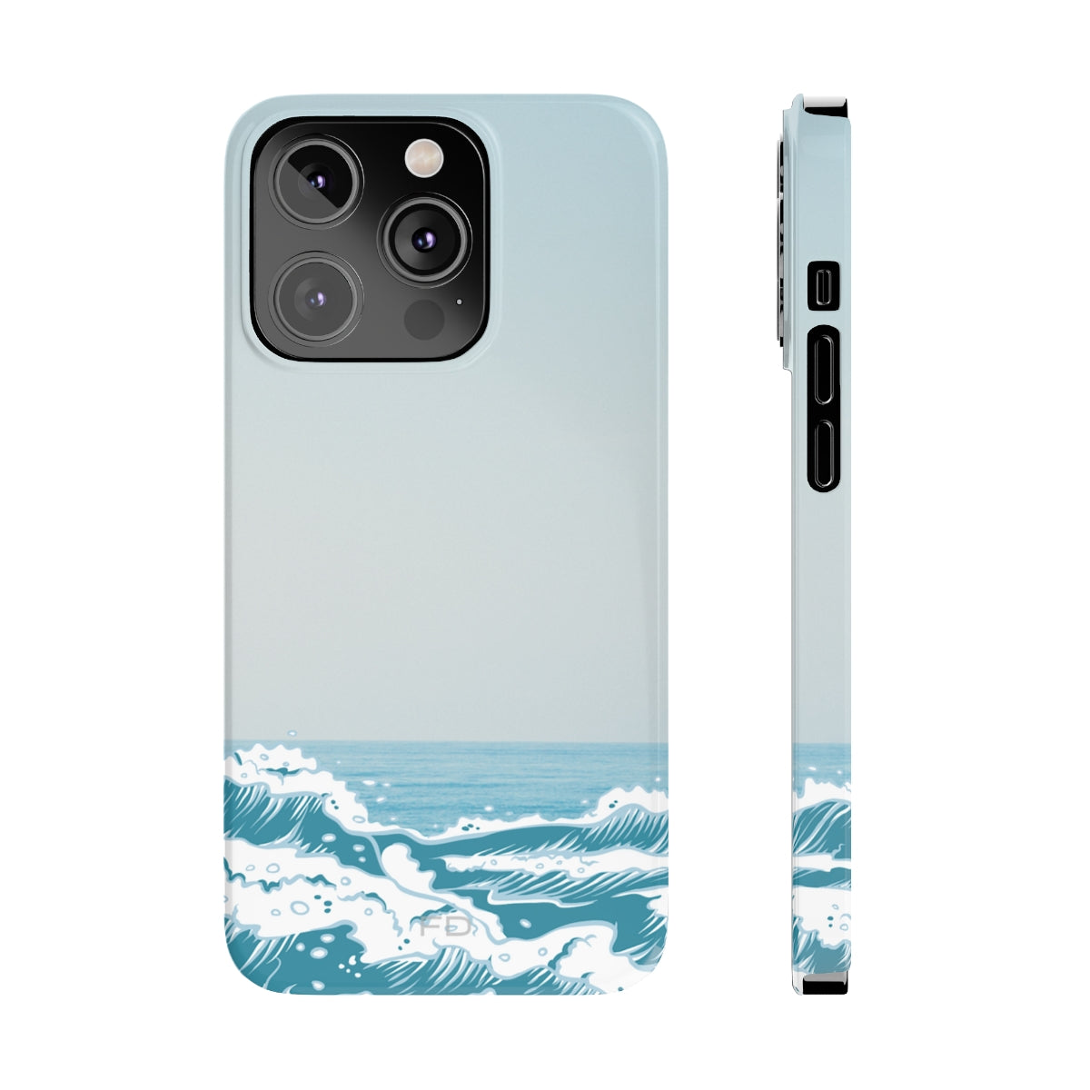 Making Waves Slim Case for iPhone 14, featuring a glossy finish and super slim design, showcasing its lightweight and protective features.