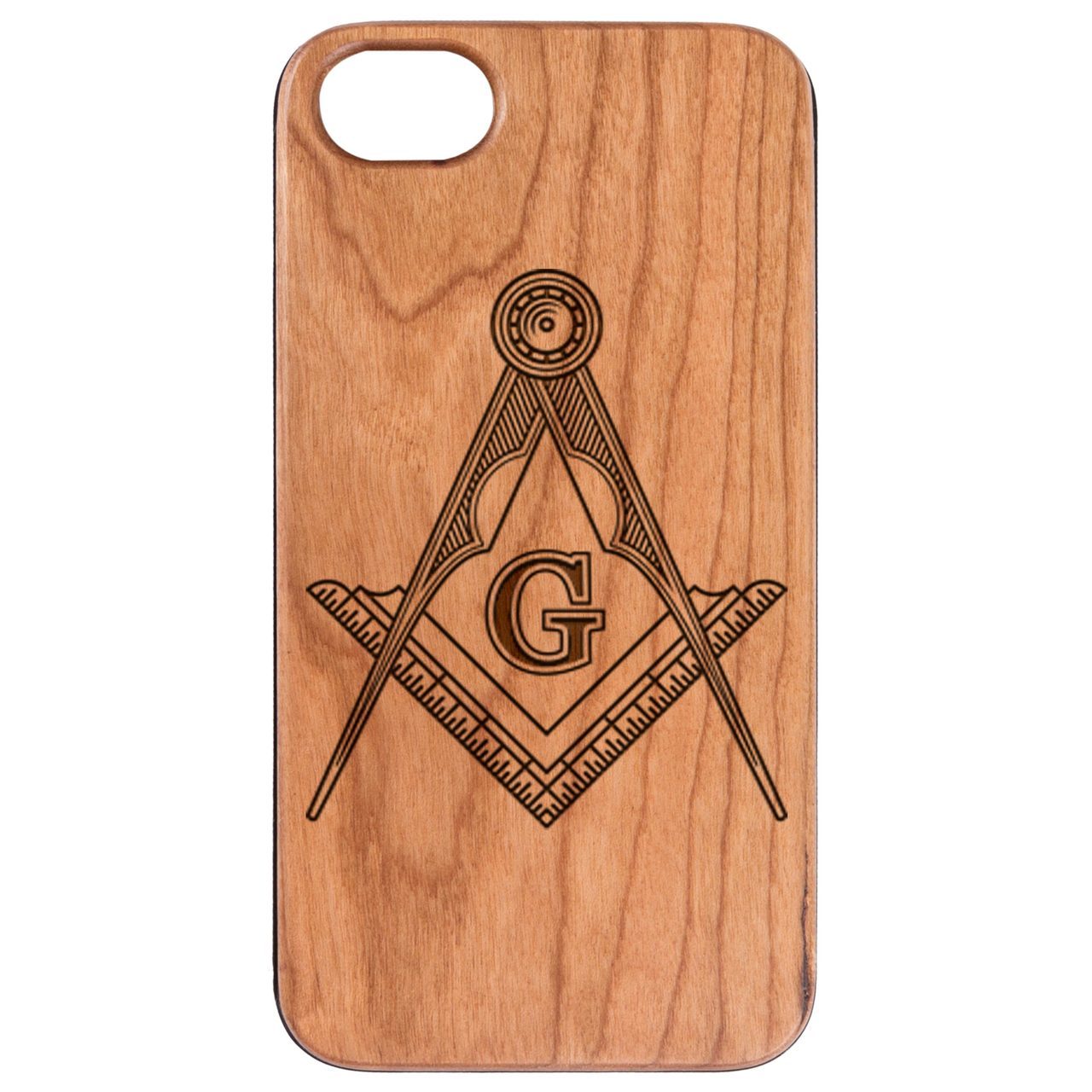 Masonic Emblem engraved wooden phone case showcasing intricate design and durable construction.
