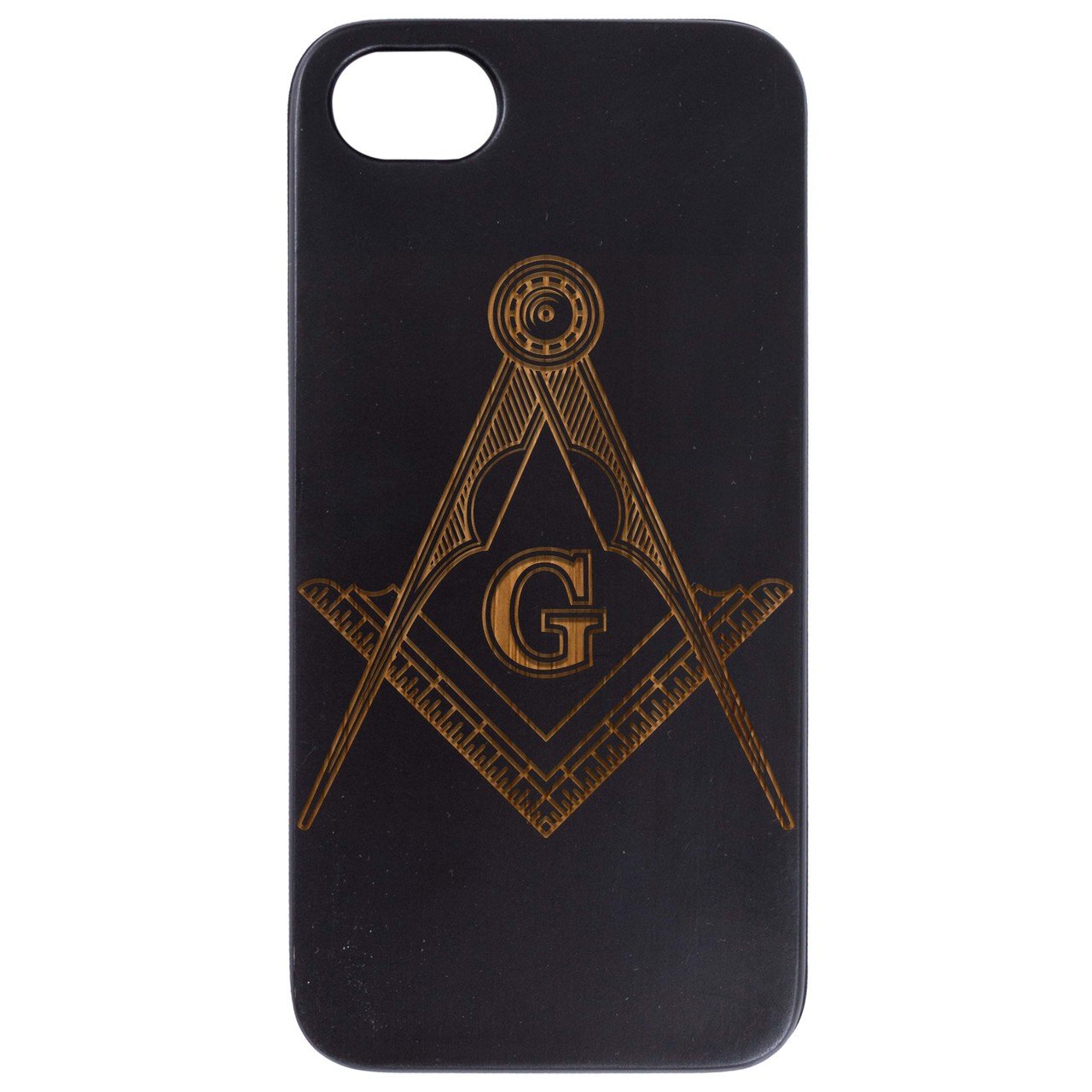 Masonic Emblem engraved wooden phone case showcasing intricate design and durable construction.