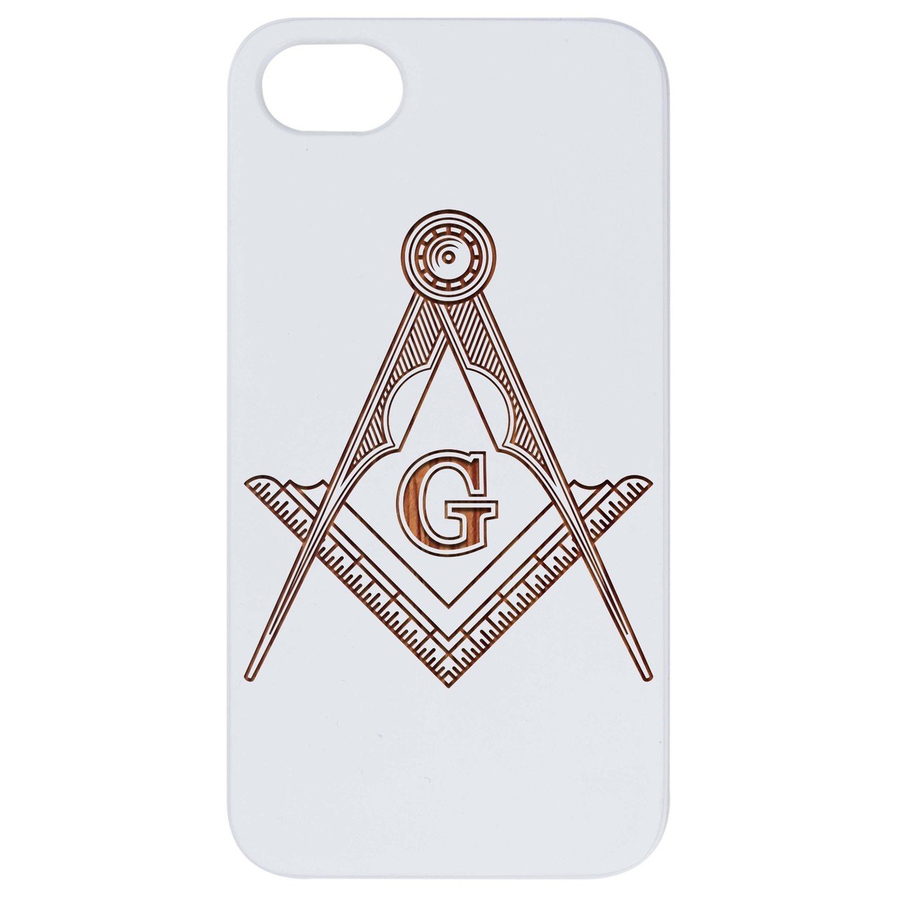 Masonic Emblem engraved wooden phone case showcasing intricate design and durable construction.