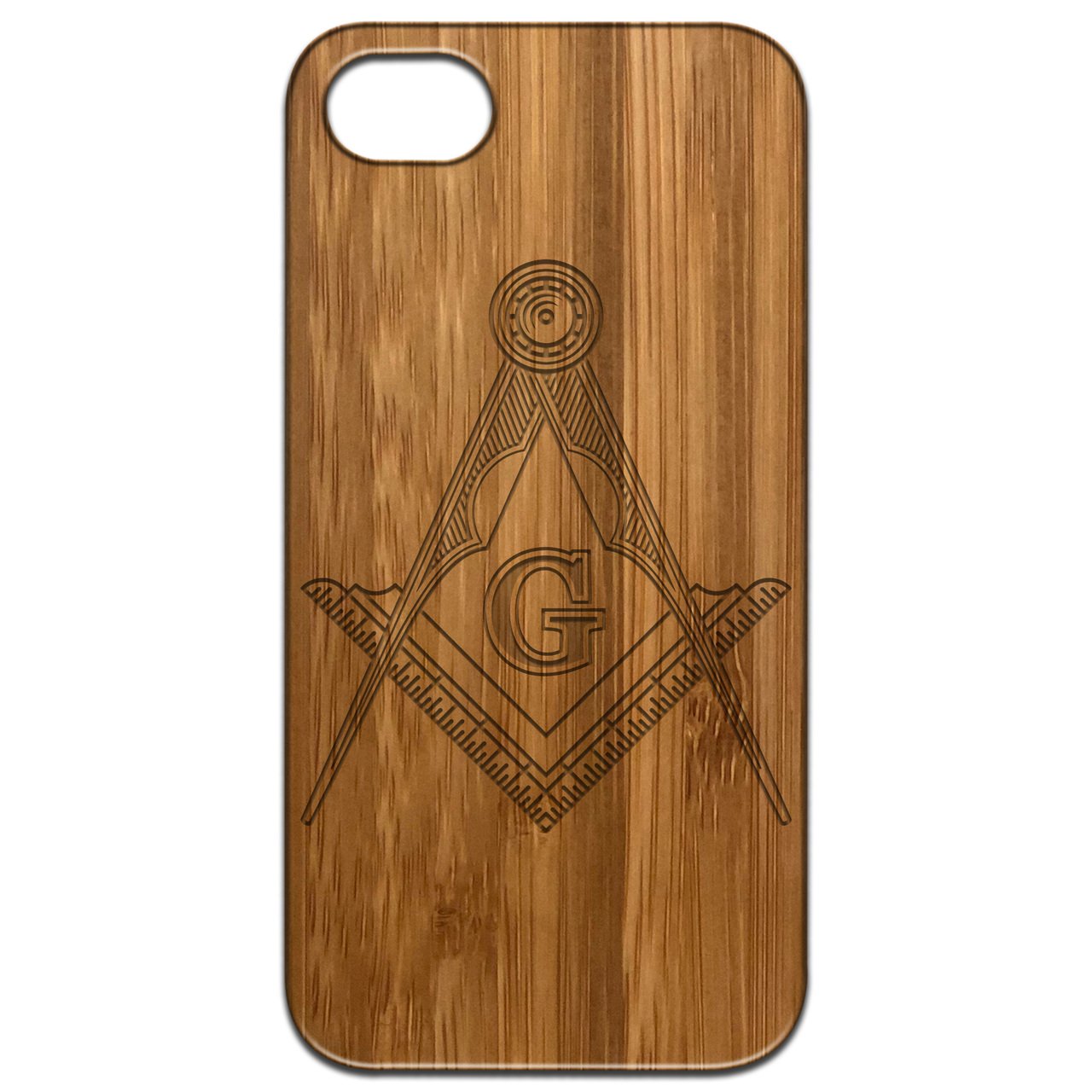 Masonic Emblem engraved wooden phone case showcasing intricate design and durable construction.