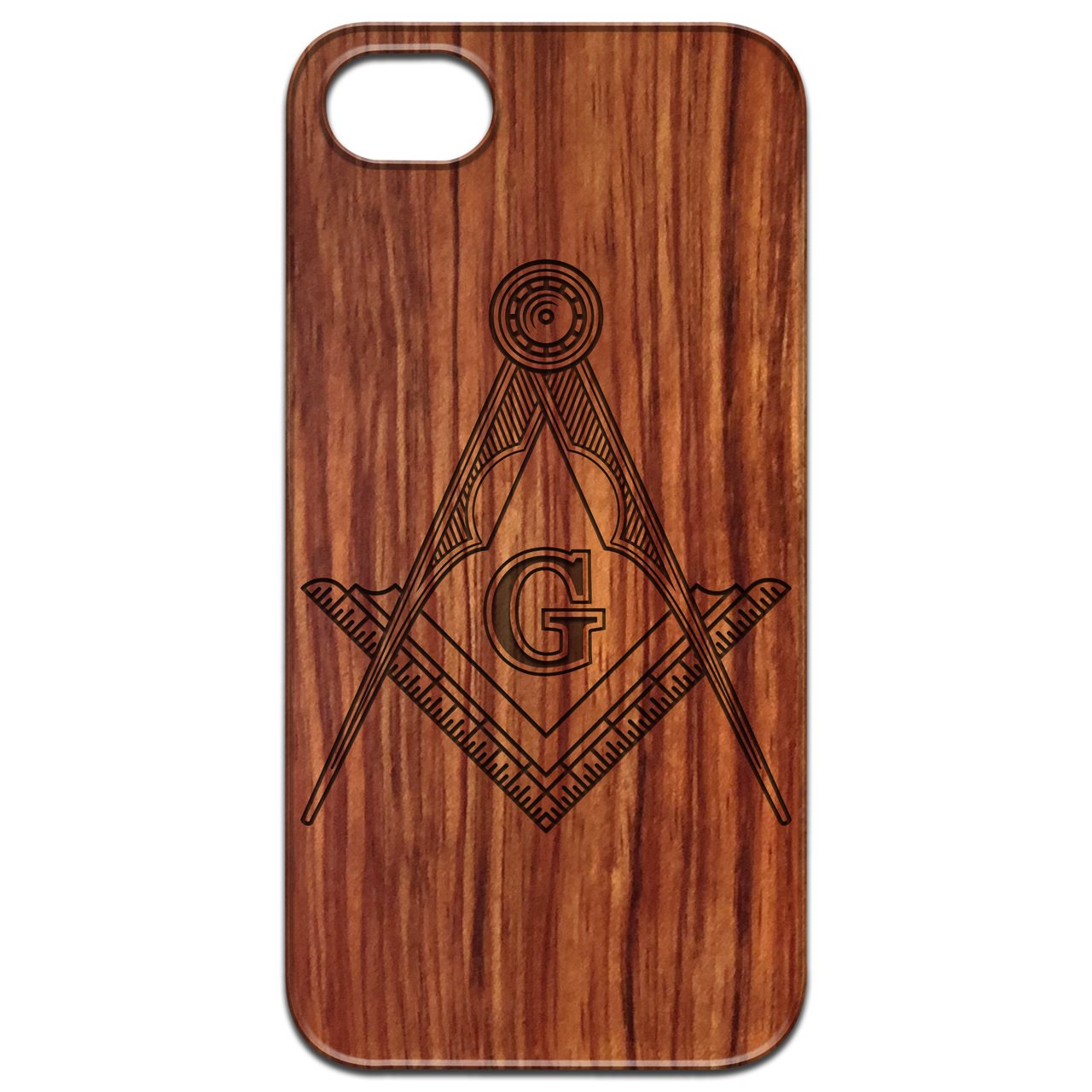 Masonic Emblem engraved wooden phone case showcasing intricate design and durable construction.