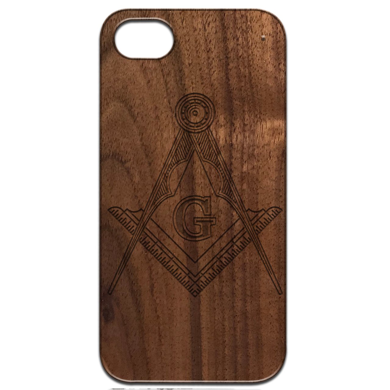 Masonic Emblem engraved wooden phone case showcasing intricate design and durable construction.