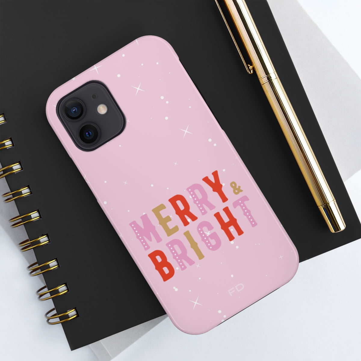Merry & Bright Tough Case for iPhone featuring a glossy finish and positive message, designed for impact resistance and wireless charging.