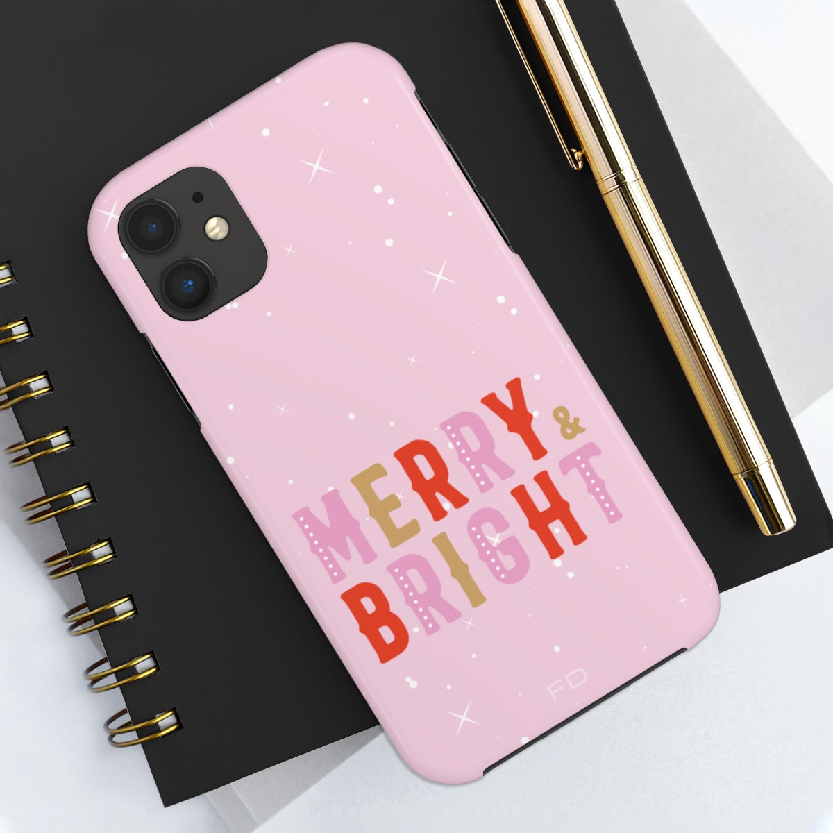 Merry & Bright Tough Case for iPhone featuring a glossy finish and positive message, designed for impact resistance and wireless charging.
