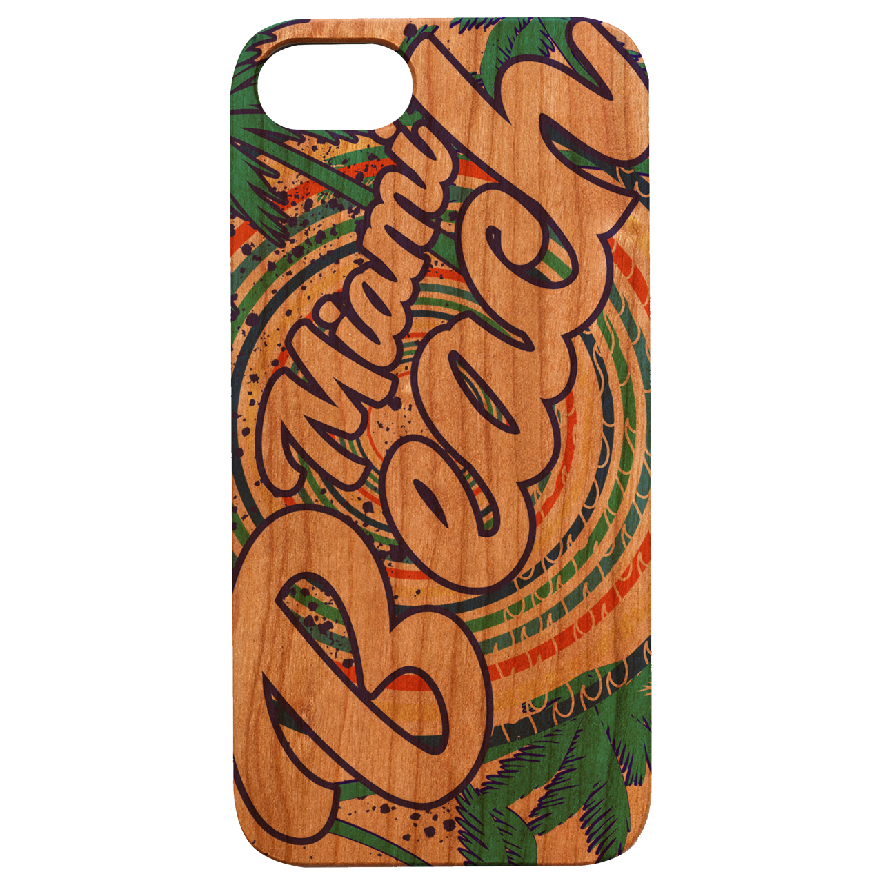 Miami Beach UV Color Printed phone case showcasing vibrant designs and natural wood texture.