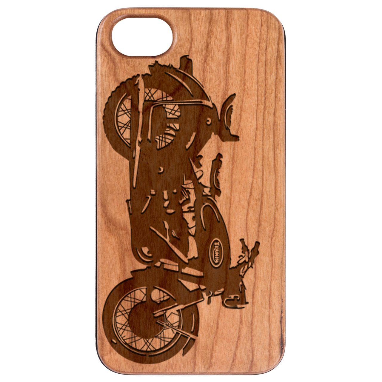 Motorcycle Engraved wooden phone case showcasing unique laser-engraved design and natural wood finish.