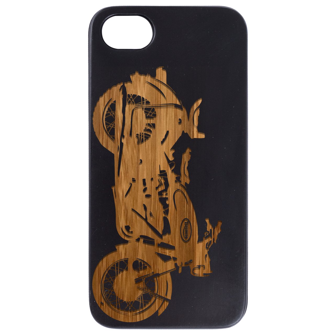 Motorcycle Engraved wooden phone case showcasing unique laser-engraved design and natural wood finish.