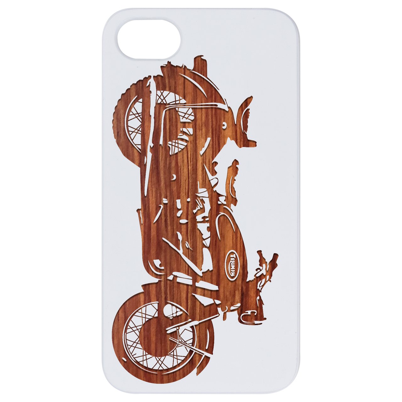 Motorcycle Engraved wooden phone case showcasing unique laser-engraved design and natural wood finish.