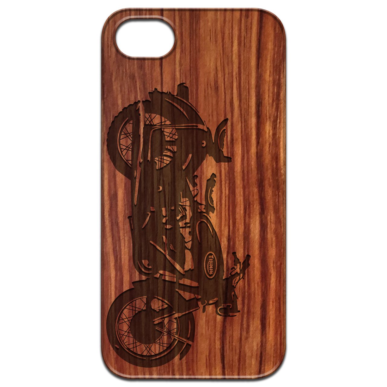 Motorcycle Engraved wooden phone case showcasing unique laser-engraved design and natural wood finish.