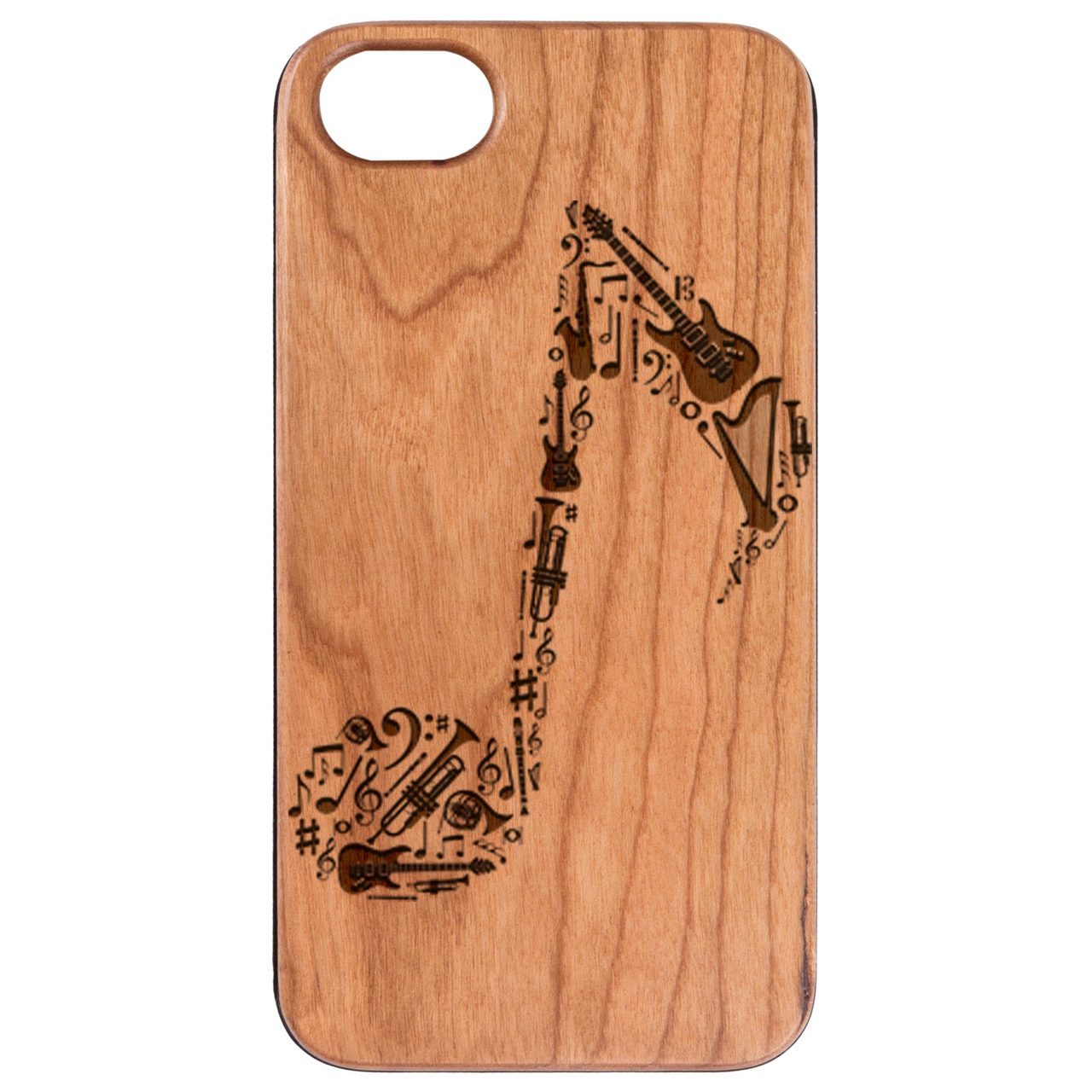 Music Note Engraved wooden phone case showcasing unique design and durable construction.