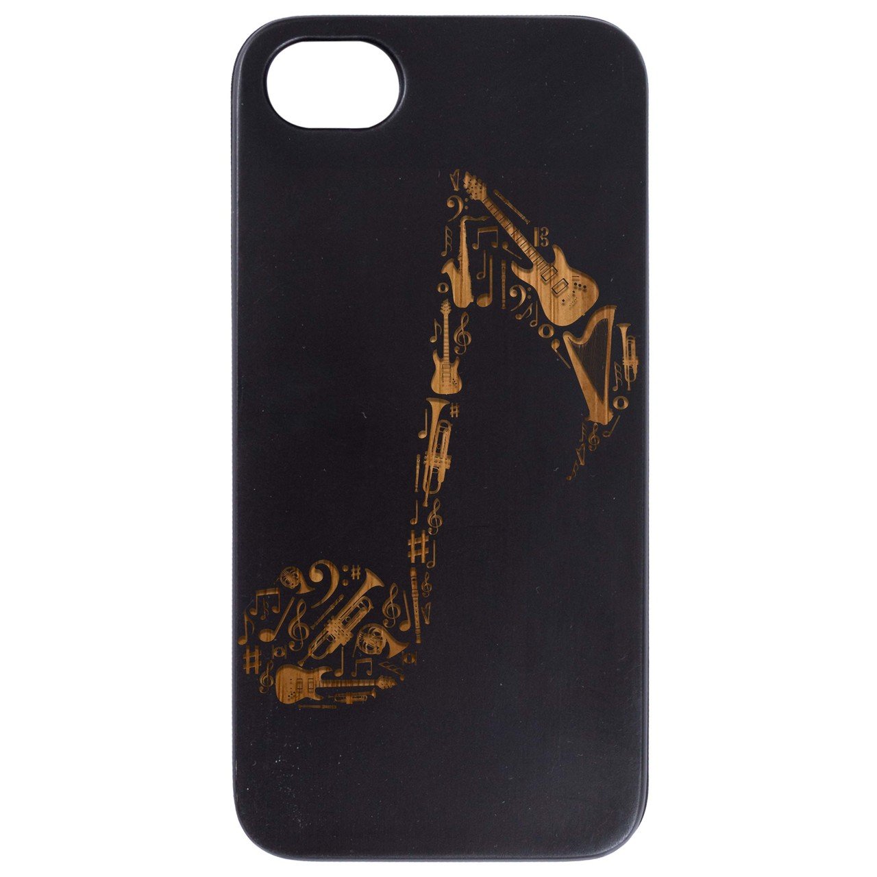 Music Note Engraved wooden phone case showcasing unique design and durable construction.