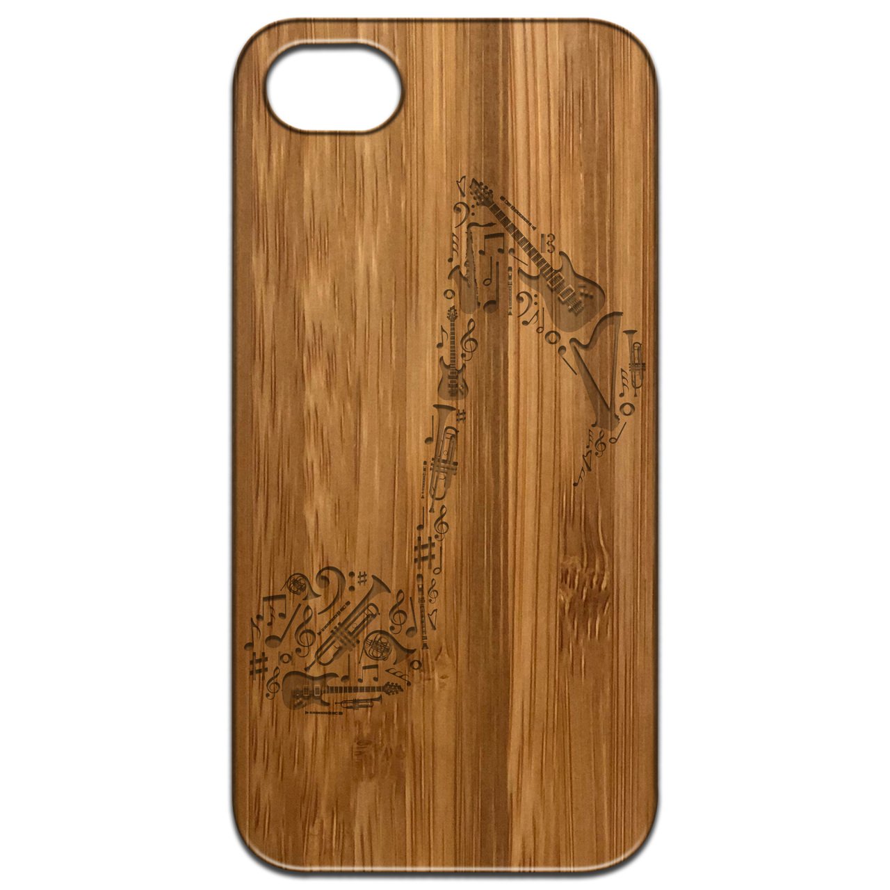 Music Note Engraved wooden phone case showcasing unique design and durable construction.