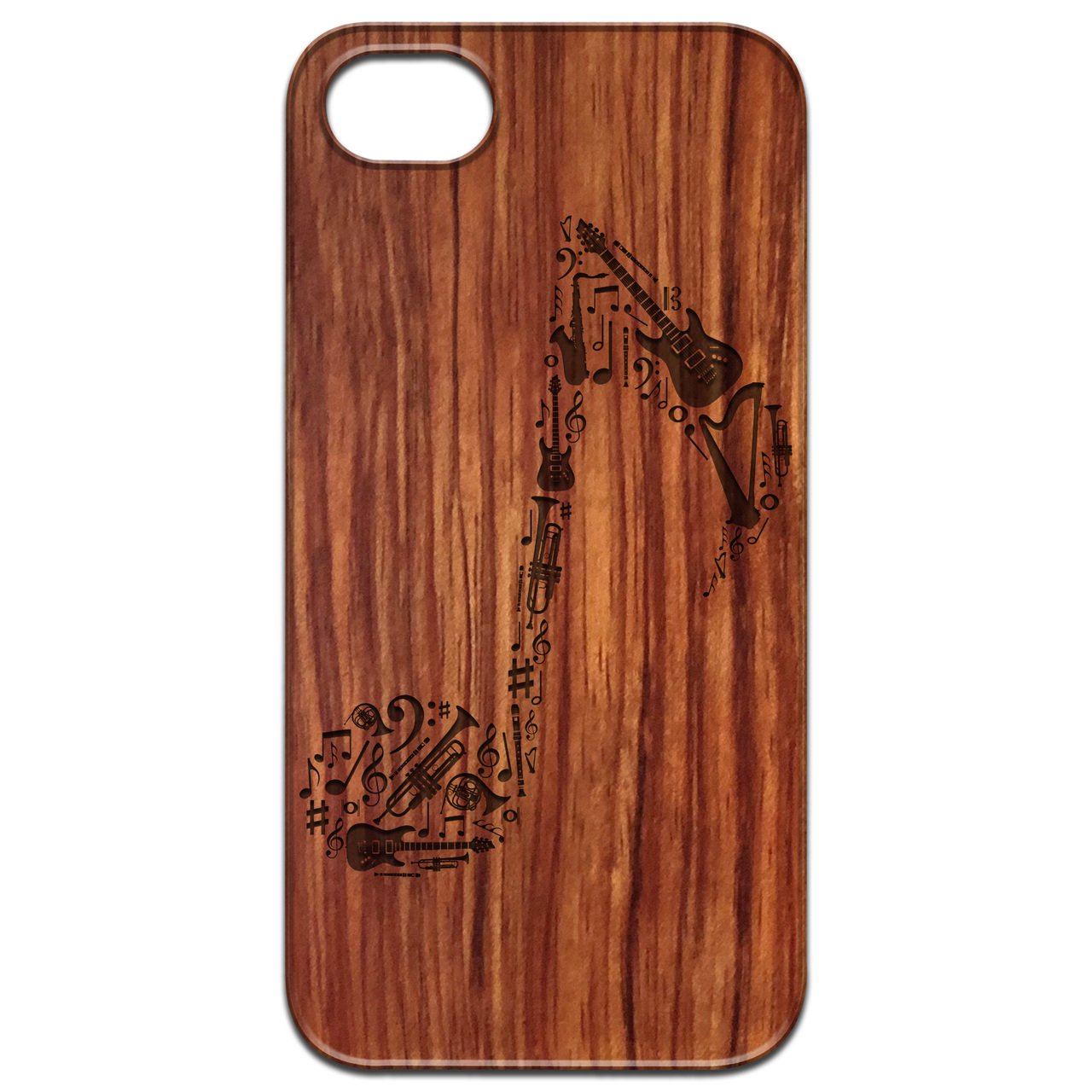 Music Note Engraved wooden phone case showcasing unique design and durable construction.
