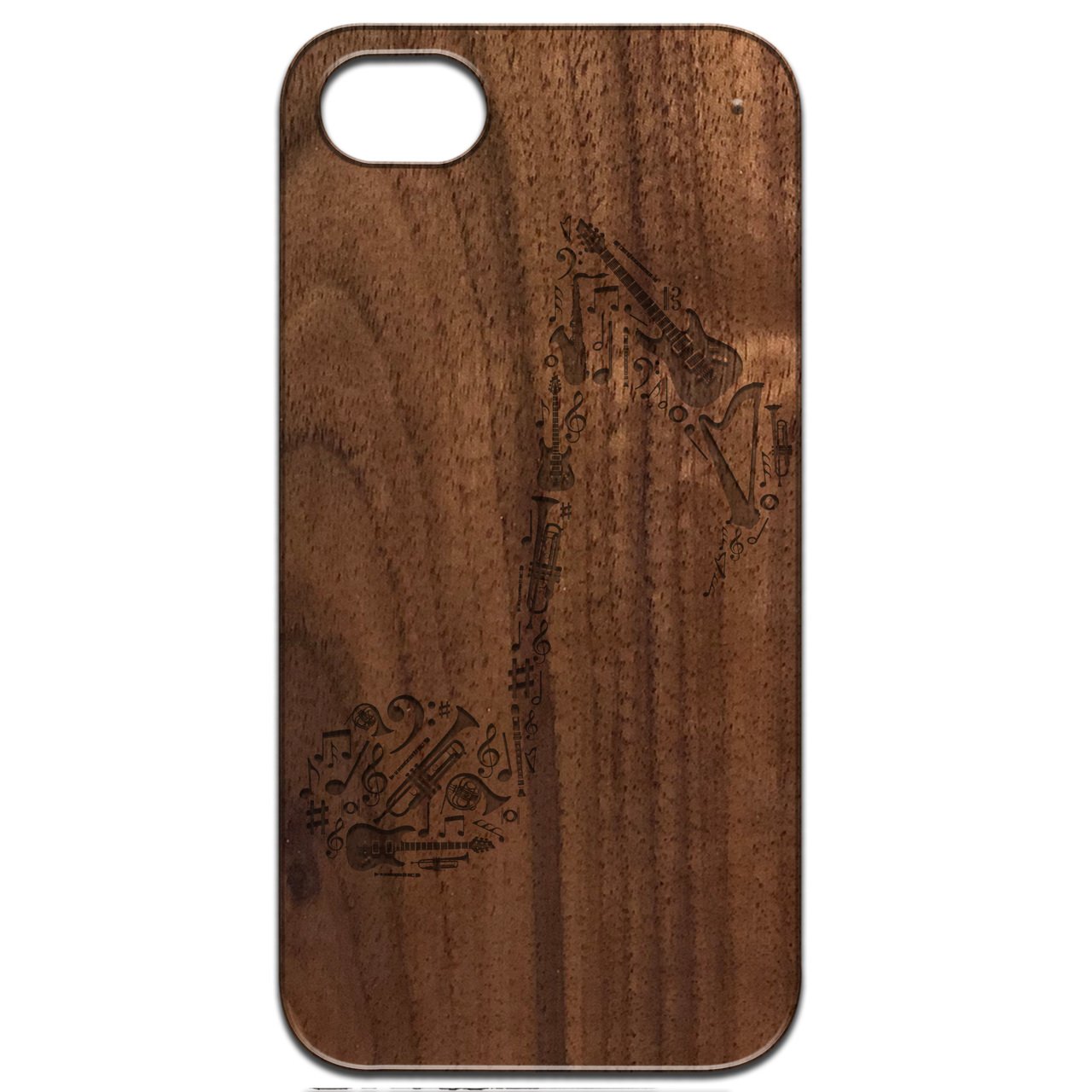 Music Note Engraved wooden phone case showcasing unique design and durable construction.
