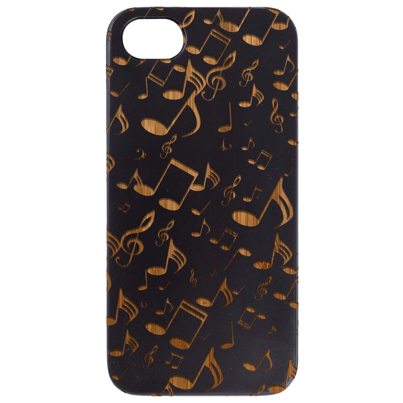 Engraved wooden phone case featuring a stylish music note pattern, designed for iPhone and Samsung models.
