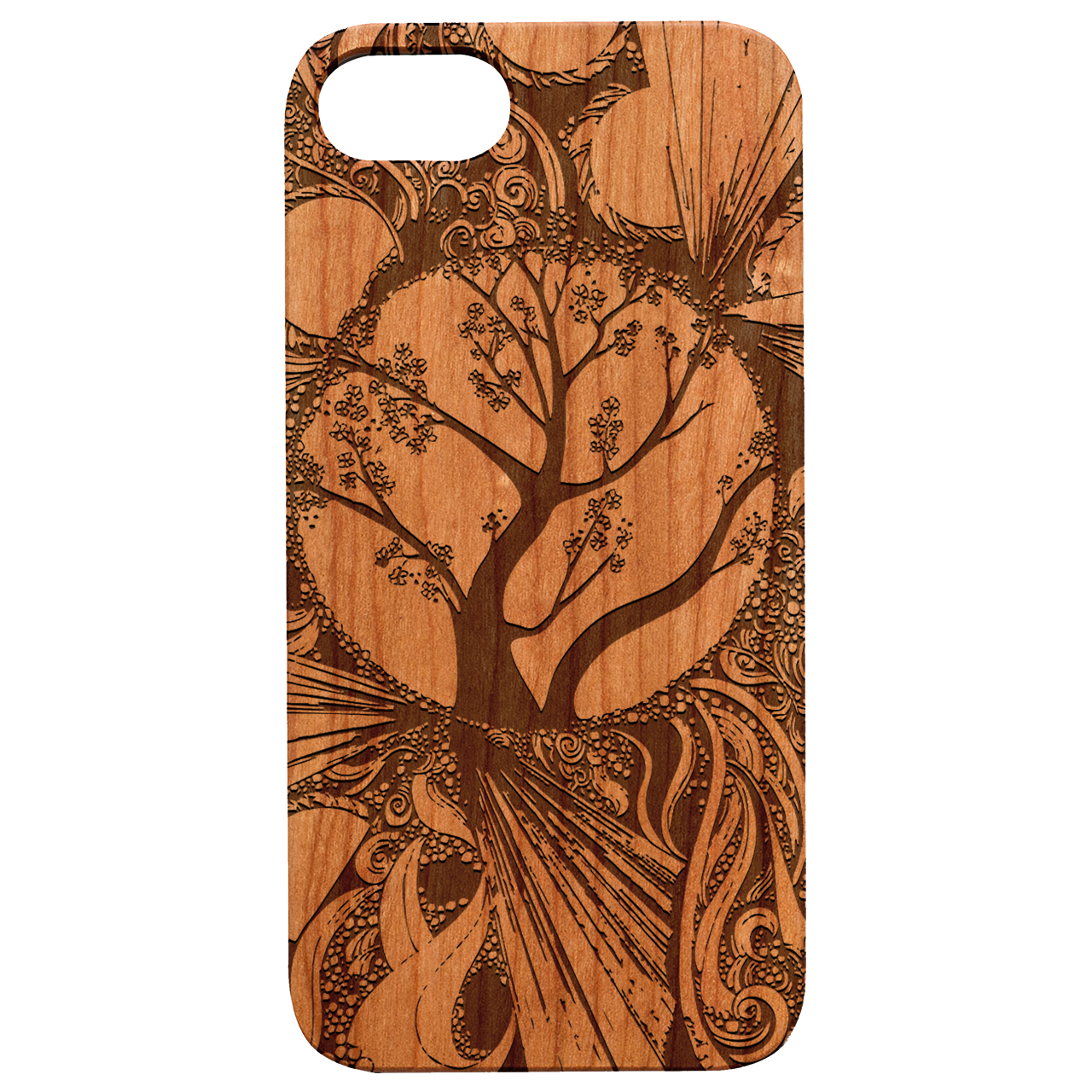 Mystic Tree - Engraved wooden phone case showcasing intricate laser-engraved design and durable construction.