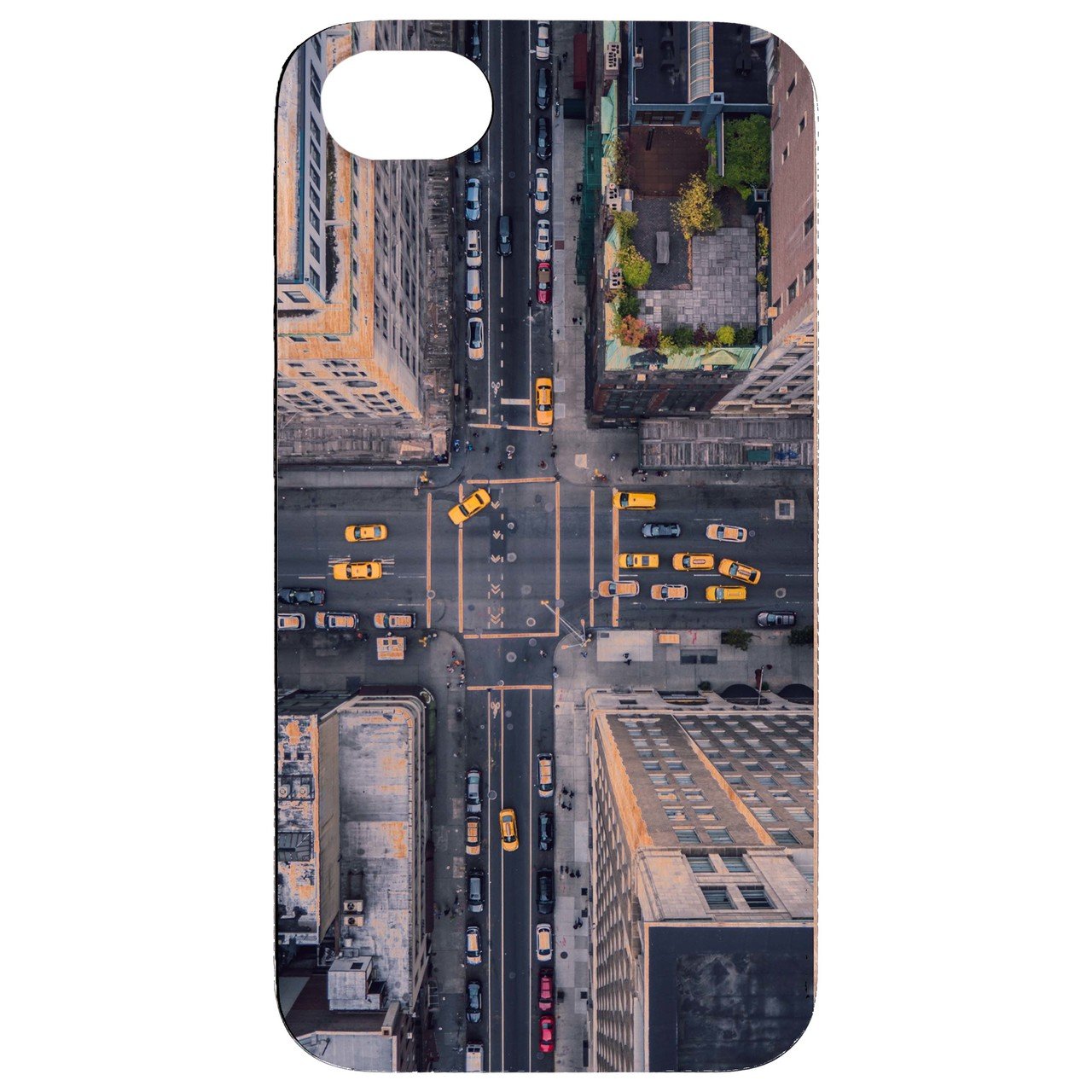 New York City View UV Color Printed phone case showcasing vibrant cityscape design on a wooden surface.
