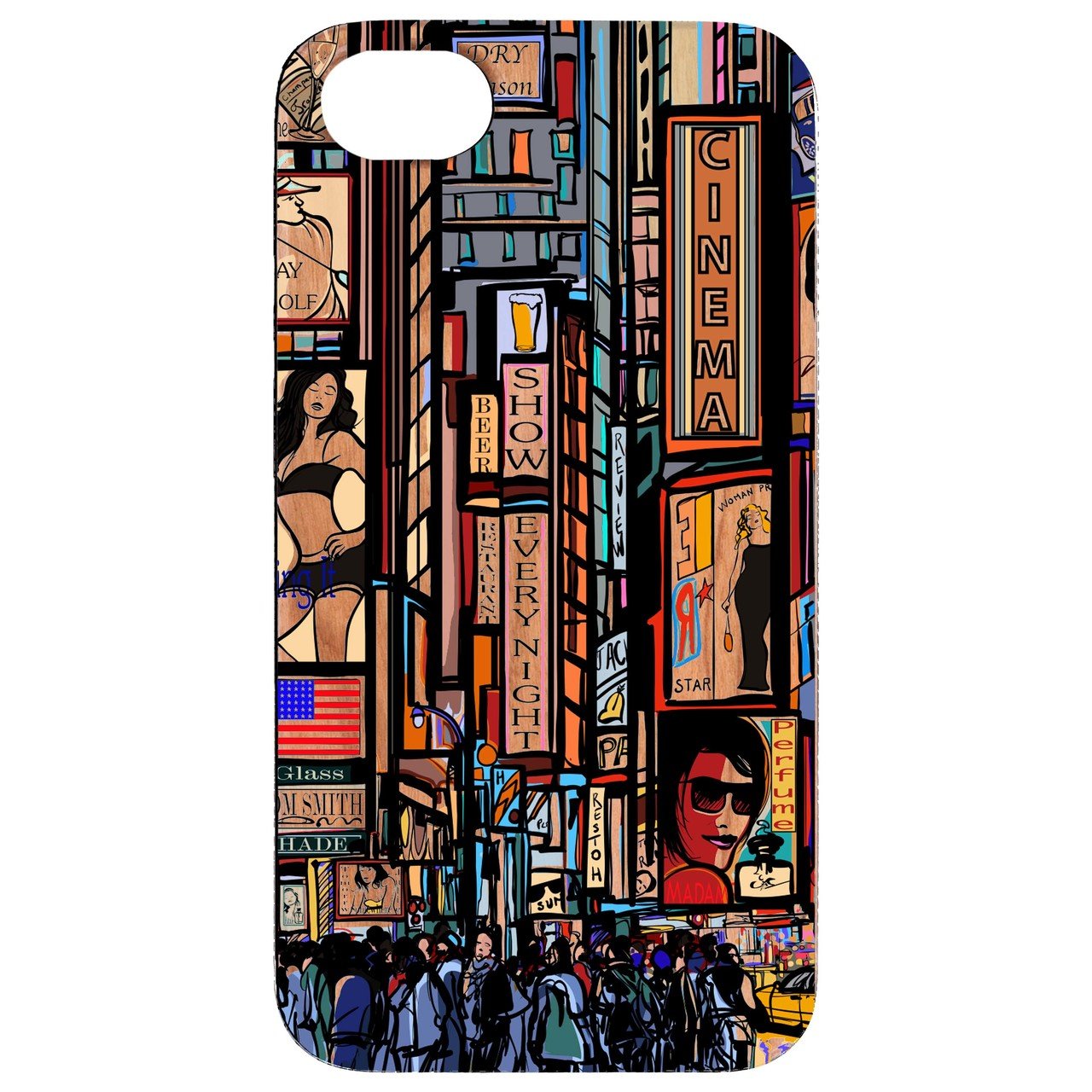 New York Street View UV Color Printed phone case showcasing a vibrant cityscape design on a natural wood surface.