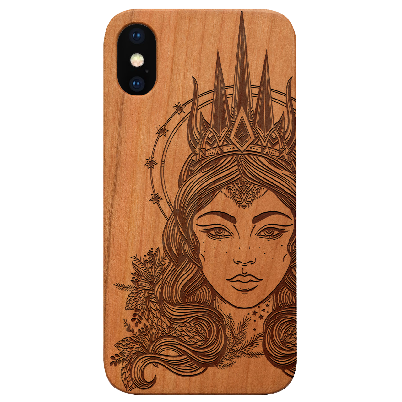 Northern Queen Engraved wooden phone case showcasing intricate laser engravings and natural wood finish.