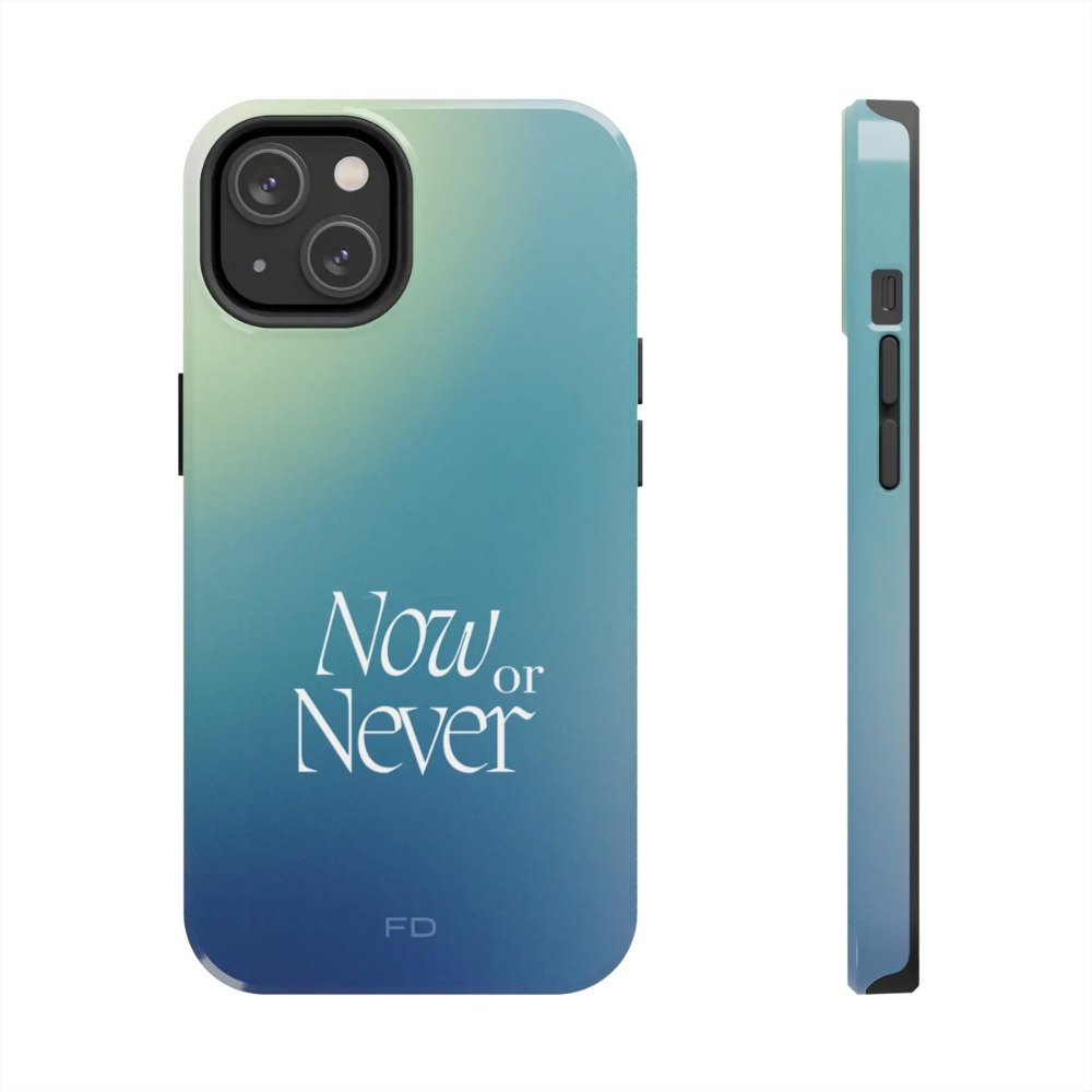 Now or Never Tough Case for iPhone, featuring a glossy finish, impact-resistant design, and wireless charging support.