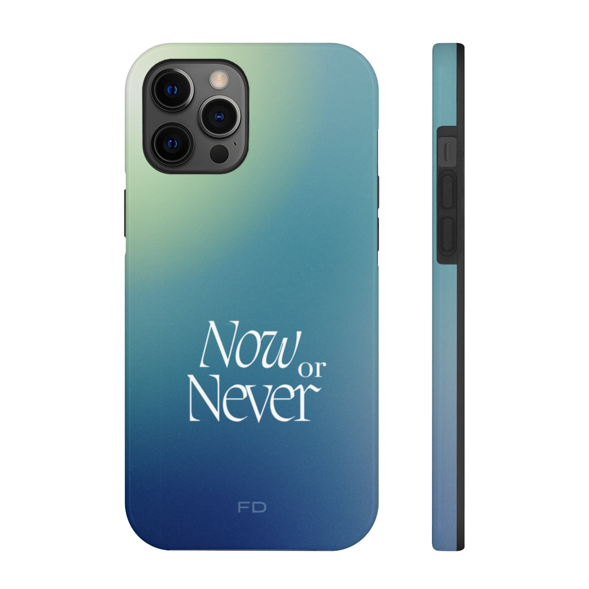 Now or Never Tough Case for iPhone, featuring a glossy finish, impact-resistant design, and wireless charging support.