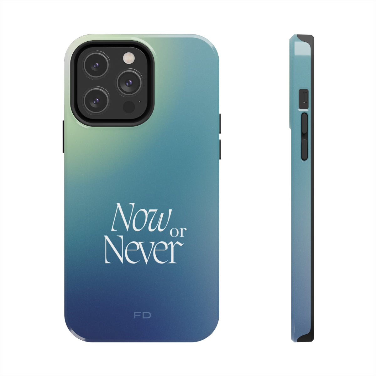 Now or Never Tough Case for iPhone, featuring a glossy finish, impact-resistant design, and wireless charging support.