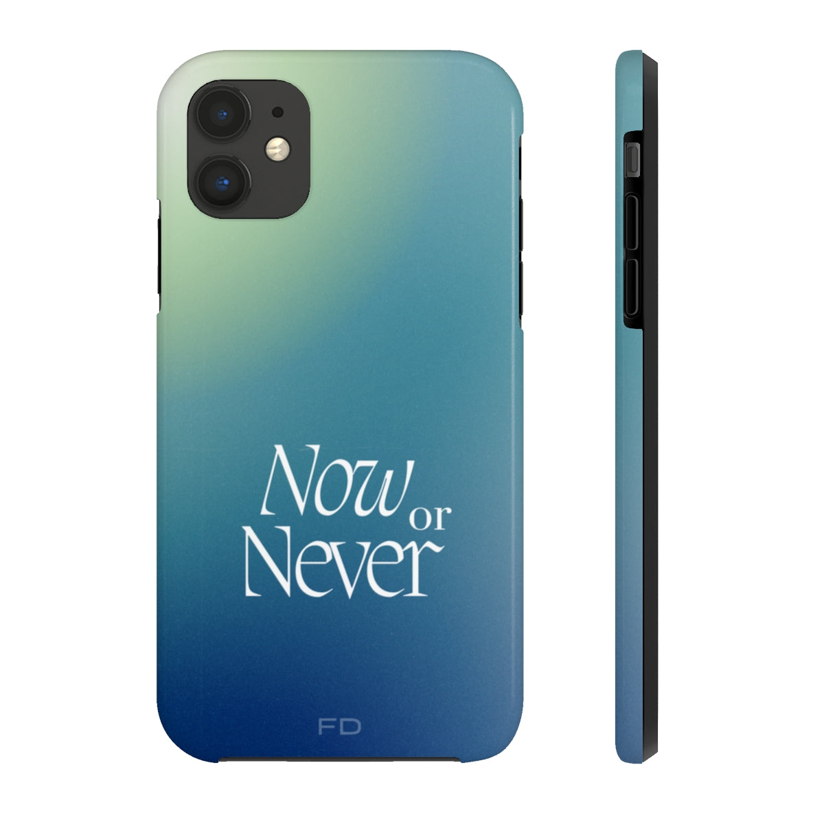 Now or Never Tough Case for iPhone, featuring a glossy finish, impact-resistant design, and wireless charging support.