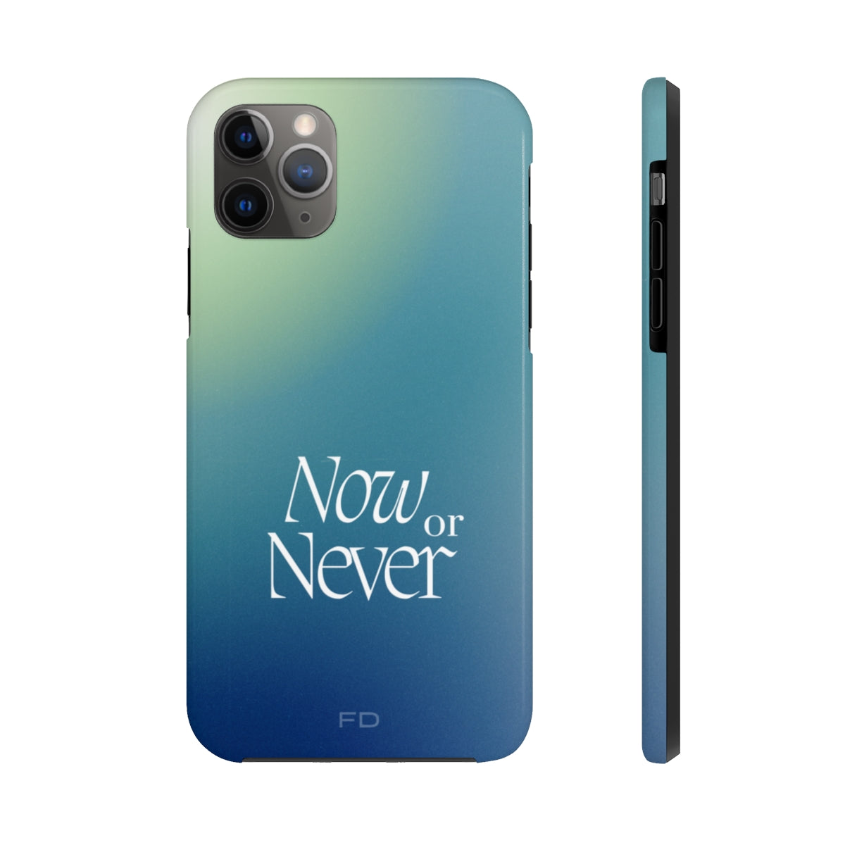 Now or Never Tough Case for iPhone, featuring a glossy finish, impact-resistant design, and wireless charging support.