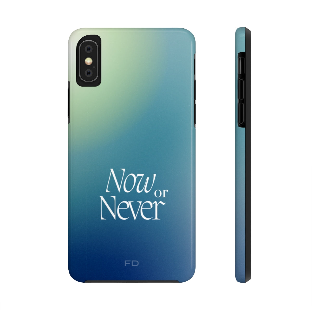 Now or Never Tough Case for iPhone, featuring a glossy finish, impact-resistant design, and wireless charging support.