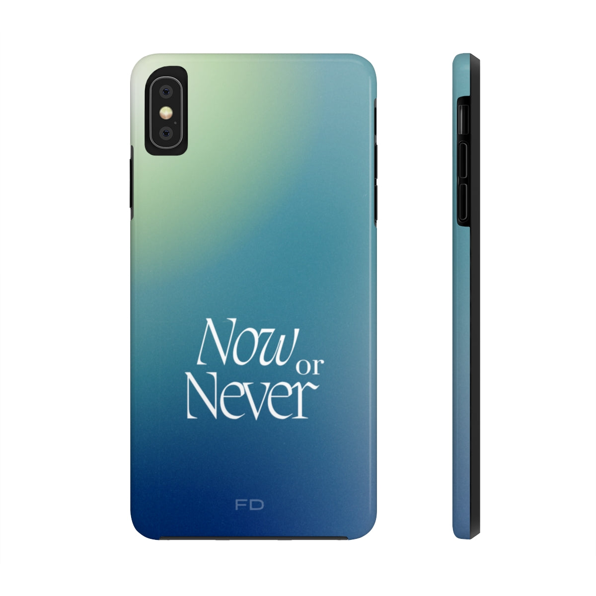 Now or Never Tough Case for iPhone, featuring a glossy finish, impact-resistant design, and wireless charging support.