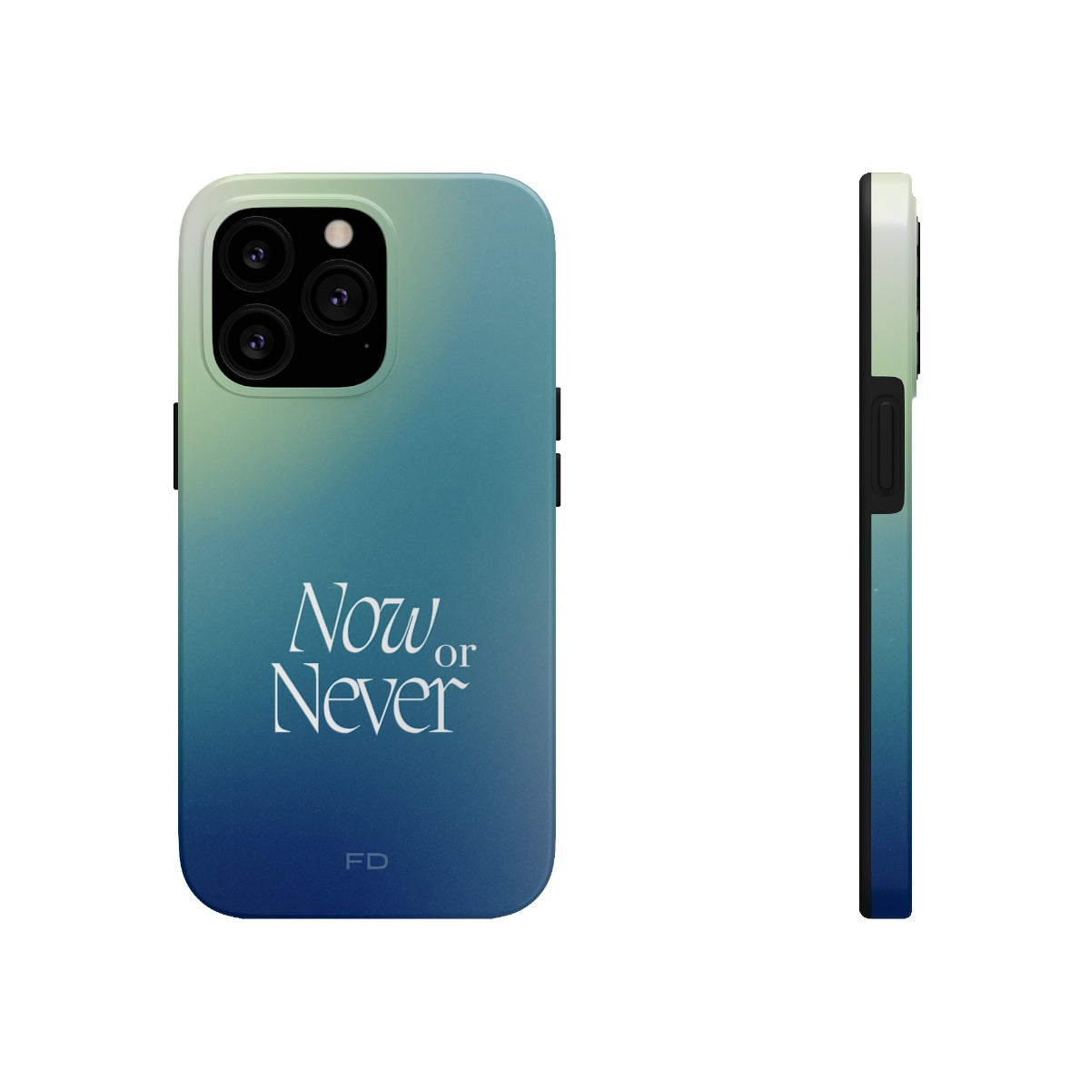 Now or Never Tough Case for iPhone, featuring a glossy finish, impact-resistant design, and wireless charging support.