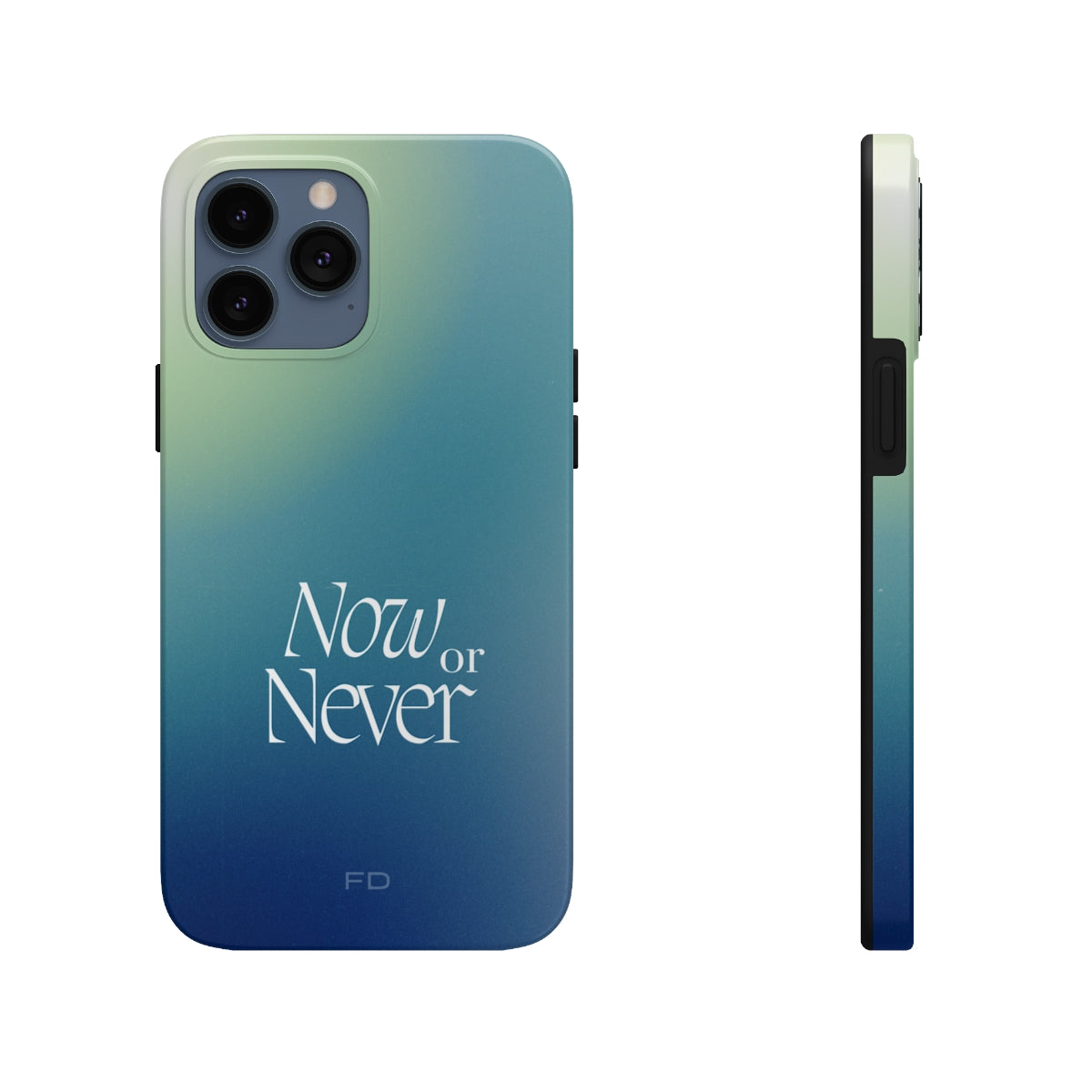 Now or Never Tough Case for iPhone, featuring a glossy finish, impact-resistant design, and wireless charging support.