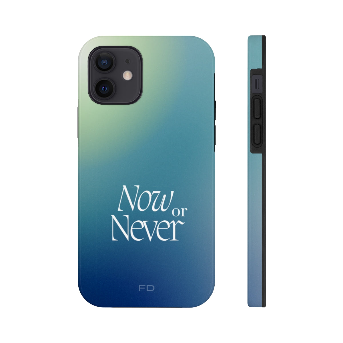 Now or Never Tough Case for iPhone, featuring a glossy finish, impact-resistant design, and wireless charging support.
