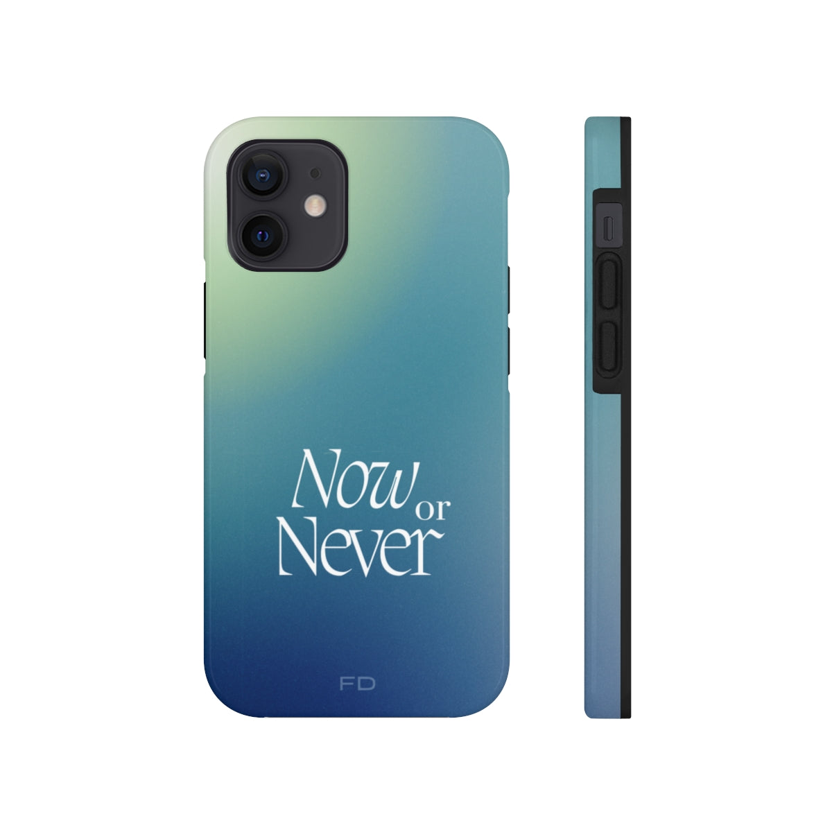 Now or Never Tough Case for iPhone, featuring a glossy finish, impact-resistant design, and wireless charging support.